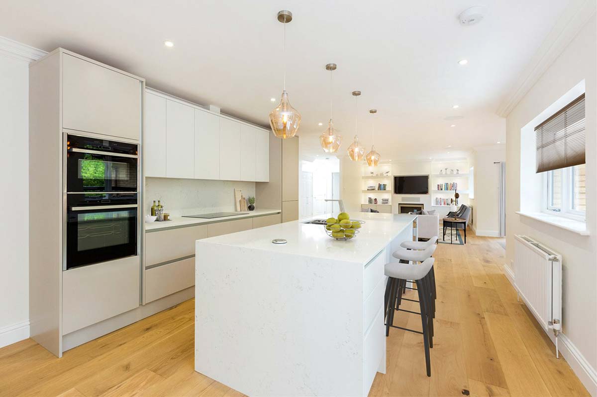 Modern white kitchen planned, designed, installed and fitted by Redline Interiors